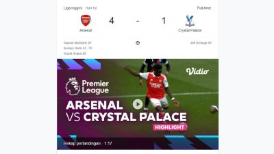 Hasil Liga Inggris Malam Ini, Arsenal Vs Crystal Palace 4-1 Jauhi M City di Klasemen