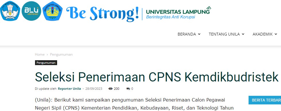 Universitas Lampung UNILA Buka Pendaftaran CPNS dan PPPK 2023