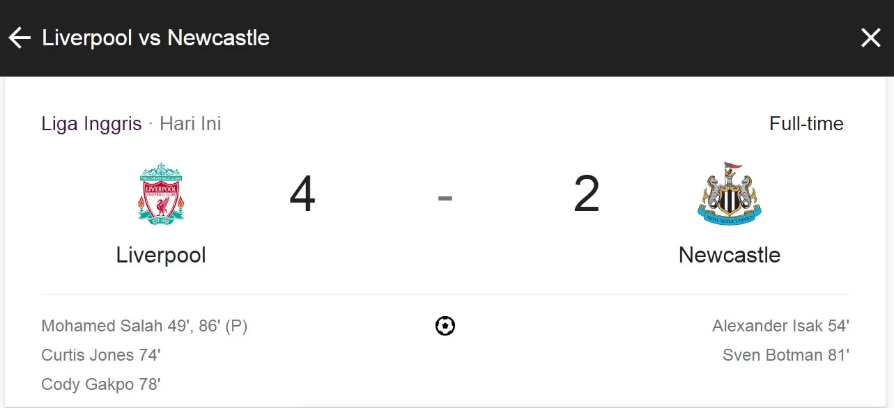 Hasil Liga Inggris Tadi Malam: Liverpool Vs Newcastle 4-2